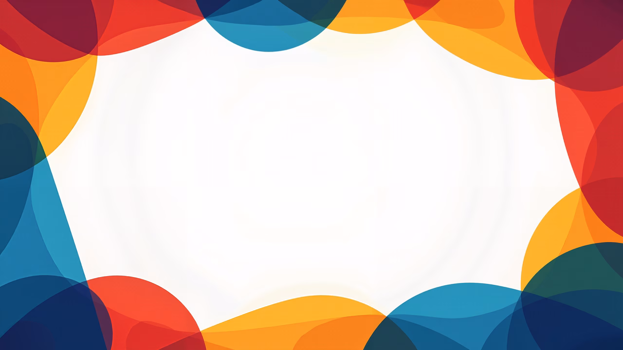 Vibrant geometric shapes in primary colors create a modern and creative frame.