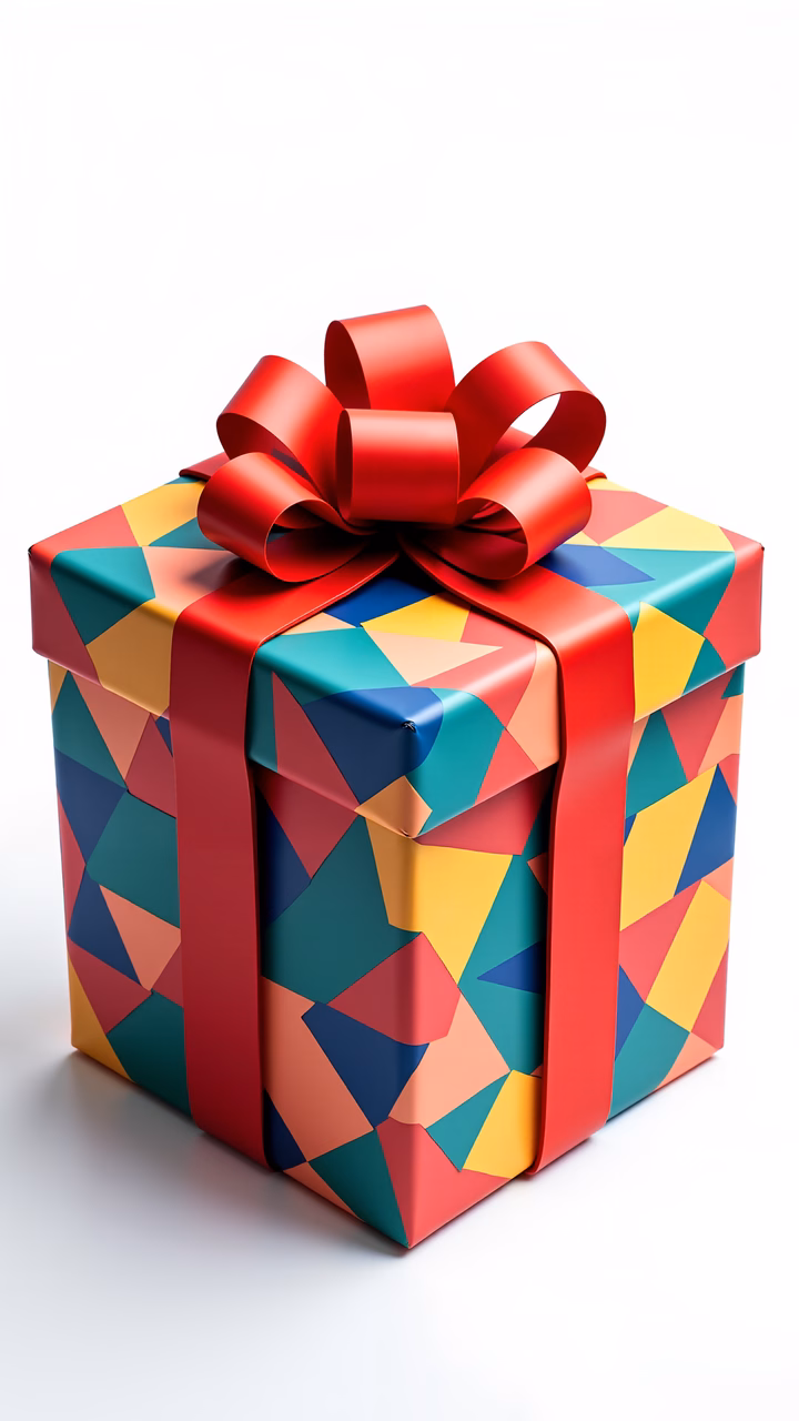 Brightly wrapped gift box with geometric patterns and a red ribbon bow.