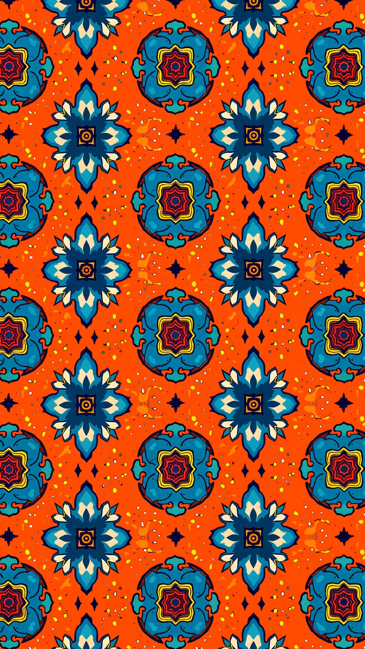 Vibrant geometric pattern with intricate floral motifs on an orange background.