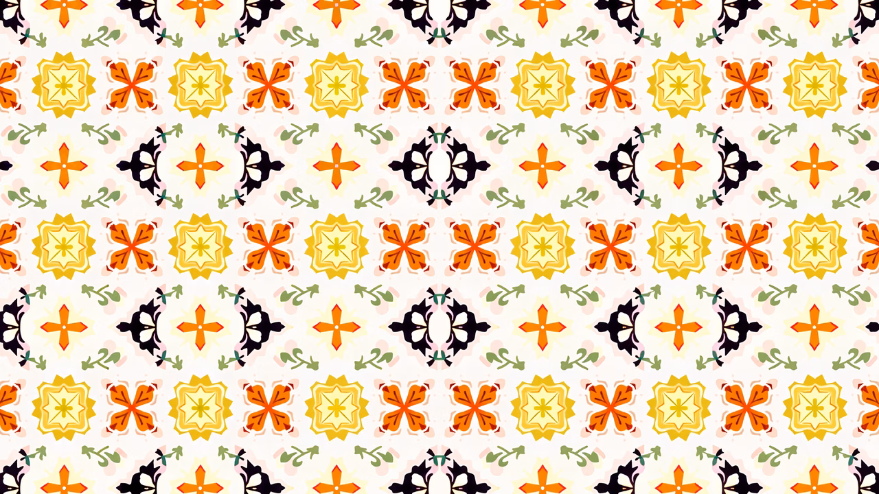 Vibrant geometric pattern with warm colors on a white background.