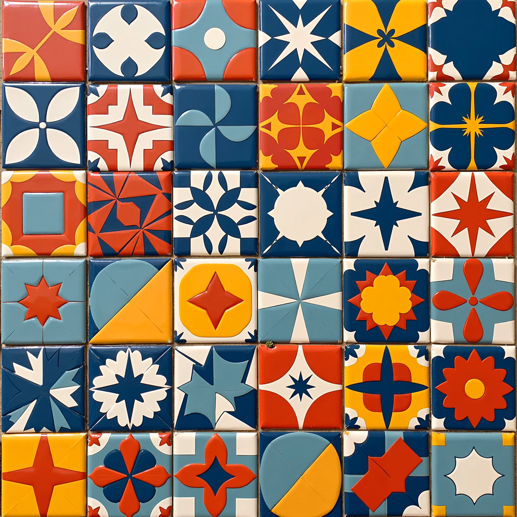 Vibrant geometric tiles in a symmetrical pattern, featuring bold colors and intricate designs.