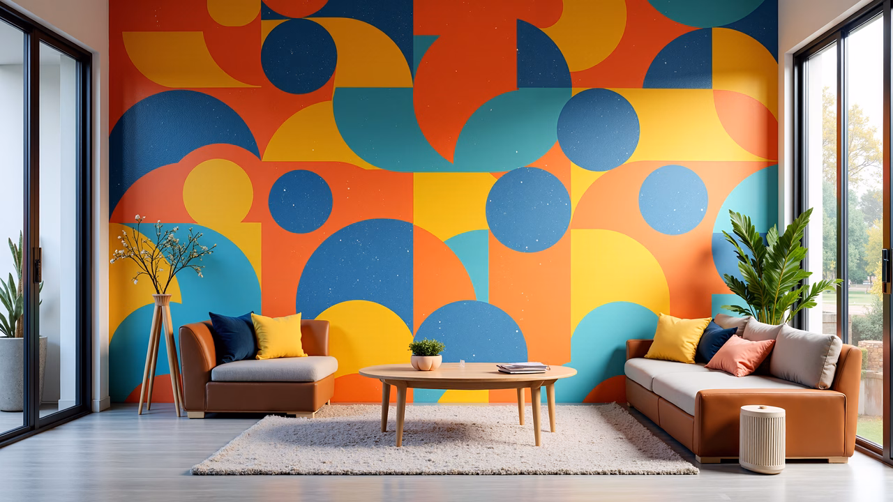 Bold geometric patterns in a modern living room with natural light.