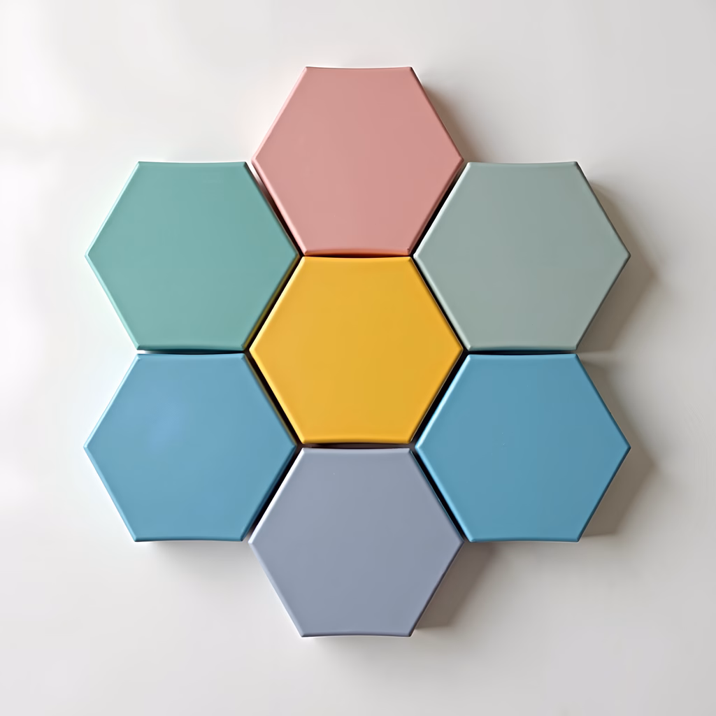 Symmetrical arrangement of colorful hexagons in pastel tones.