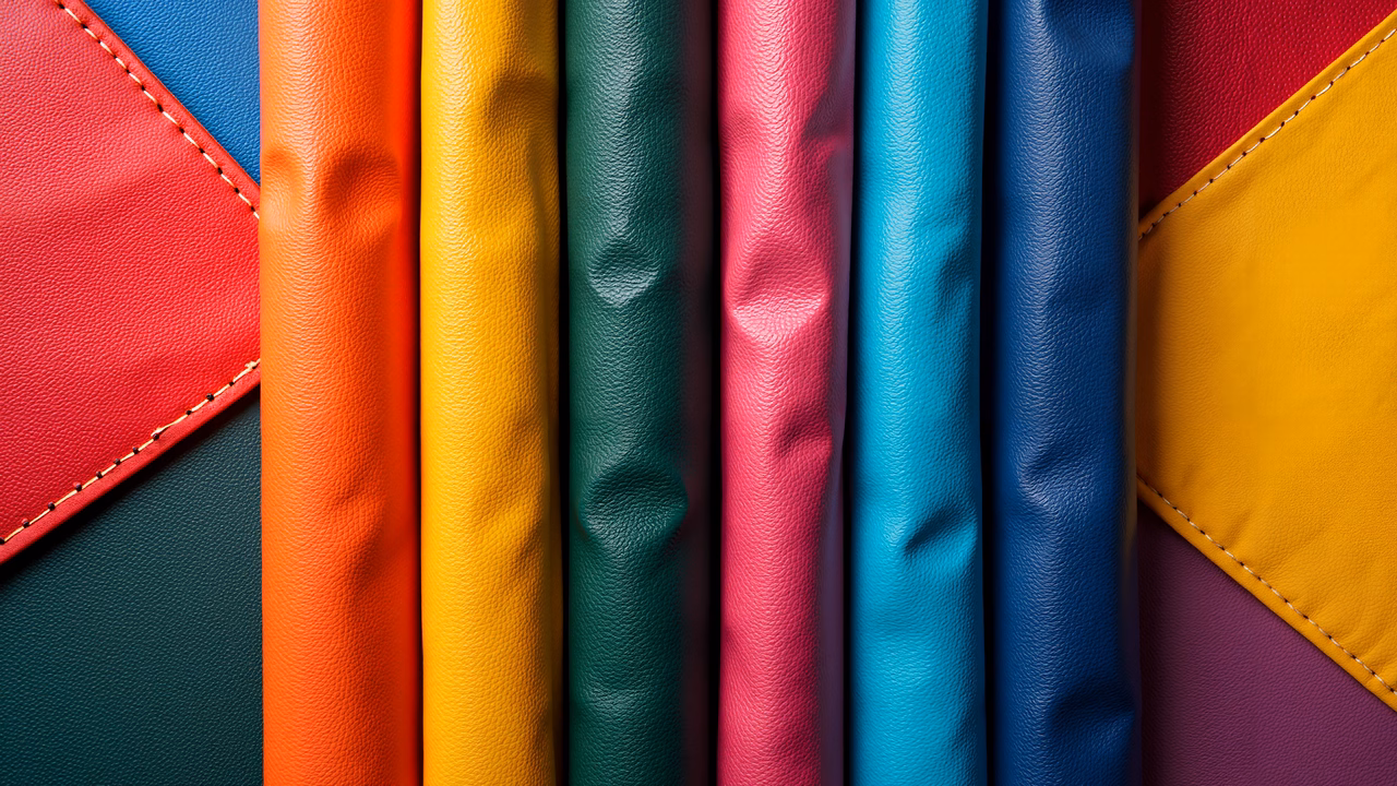 Vibrant leather strips in bold colors, showcasing detailed textures and stitching.