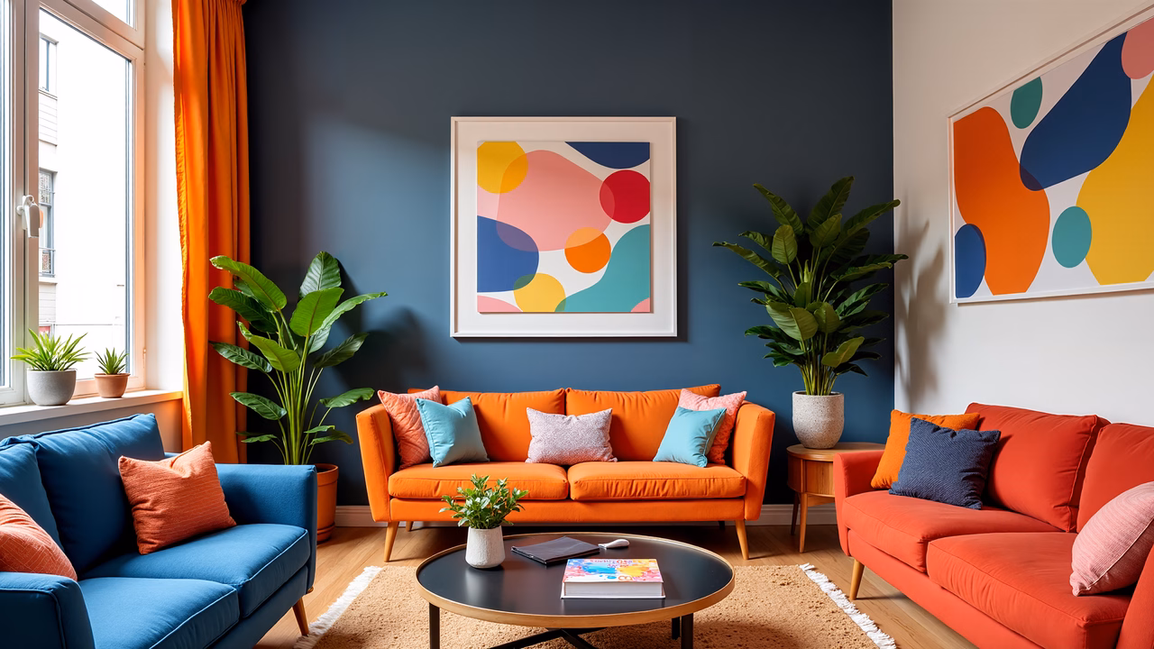 Brightly colored living room with modern decor and natural light.