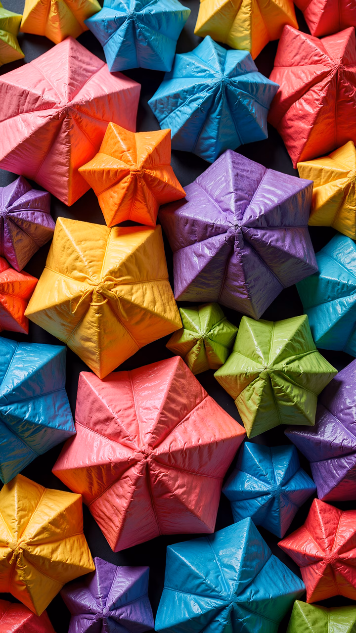 Vibrant origami stars in a variety of colors, creating a joyful and creative atmosphere.