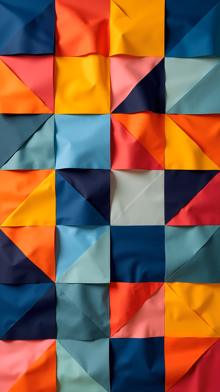 Vibrant paper quilt with rich colors and intricate folds.