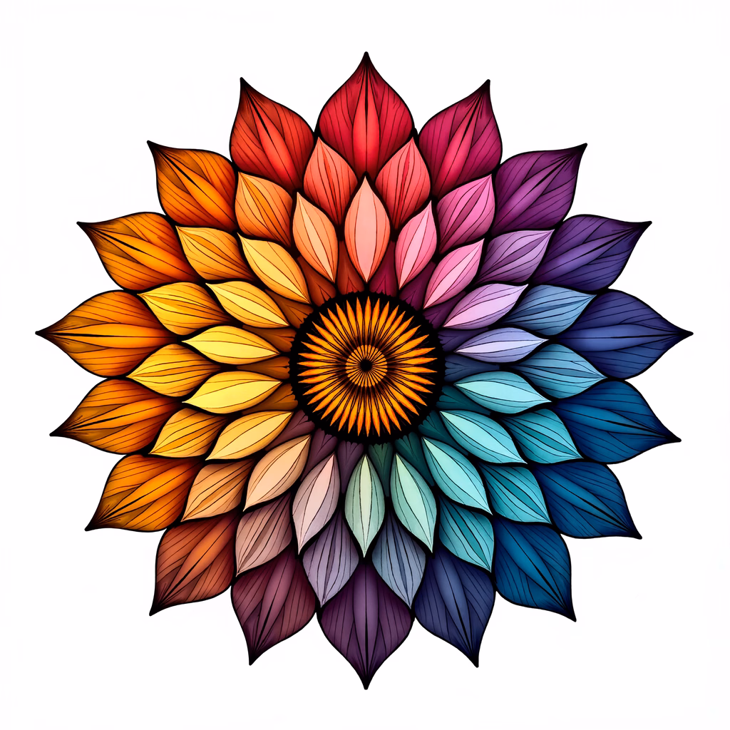 A stunning mandala of colorful petals in a circular arrangement, showcasing vibrant colors and intricate details.