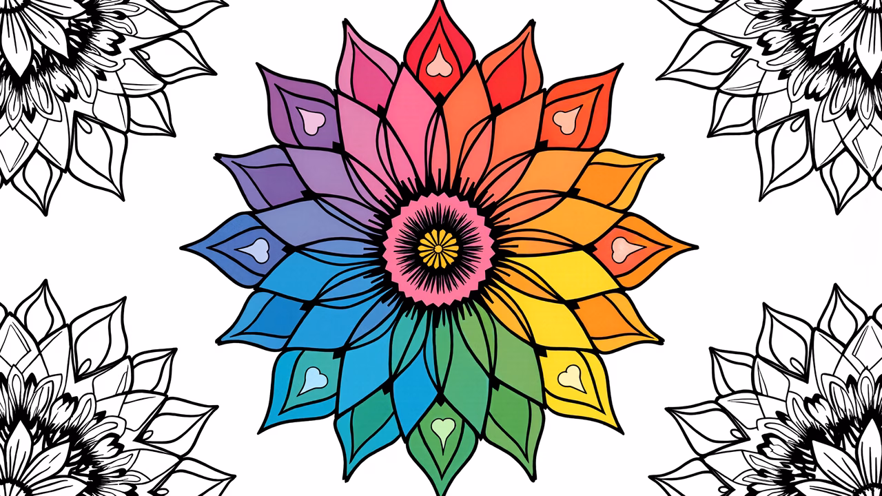 A colorful rainbow flower illustration with heart-shaped petals and monochrome floral outlines.