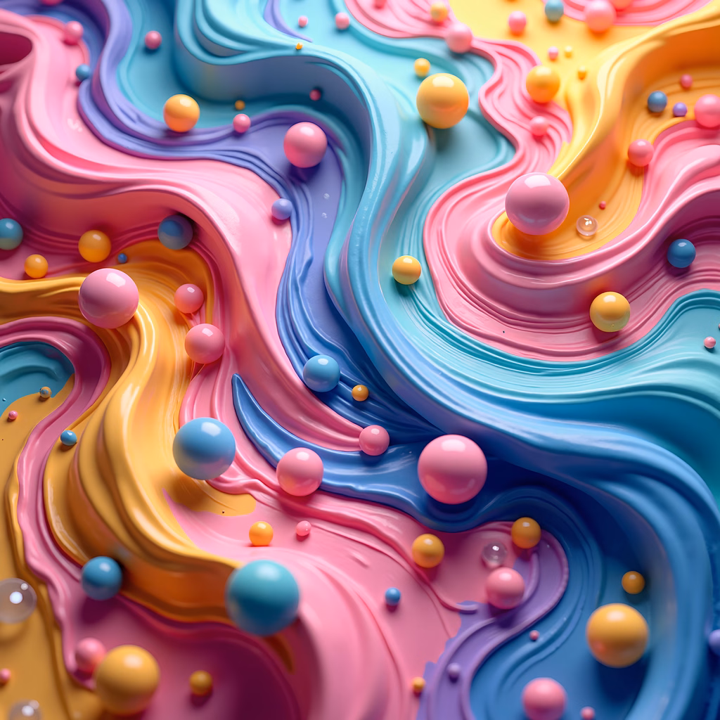 Vibrant pastel swirls and spheres create a playful and creative abstract artwork.