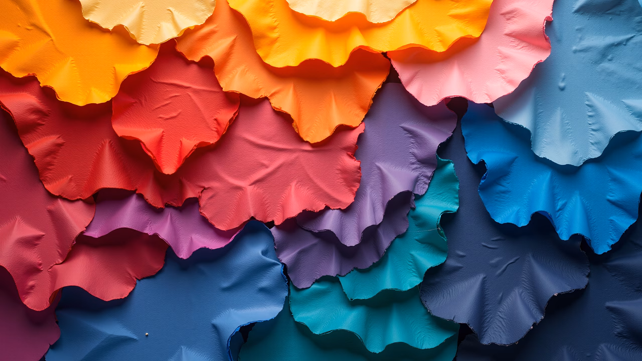 Vibrant, textured layers of colorful fabric create a dynamic and playful illustration.