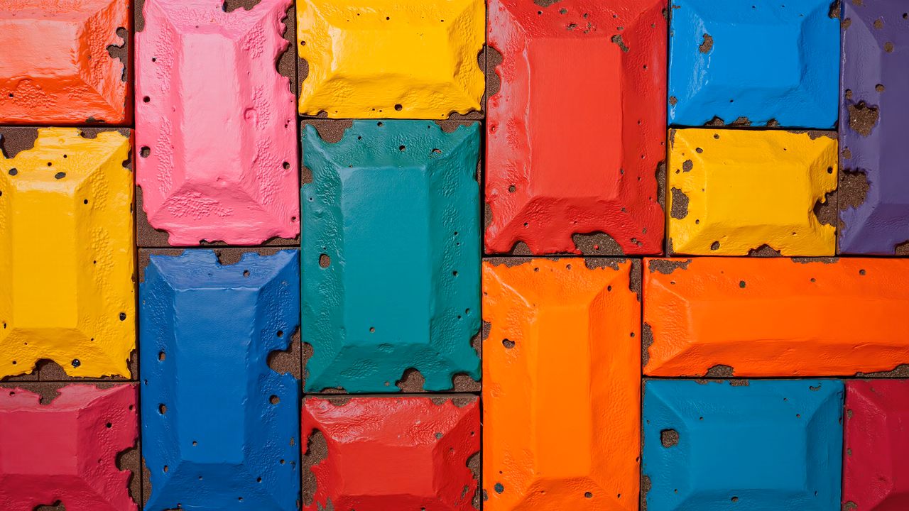 Vibrant, textured tiles in primary colors create a playful modern artwork.