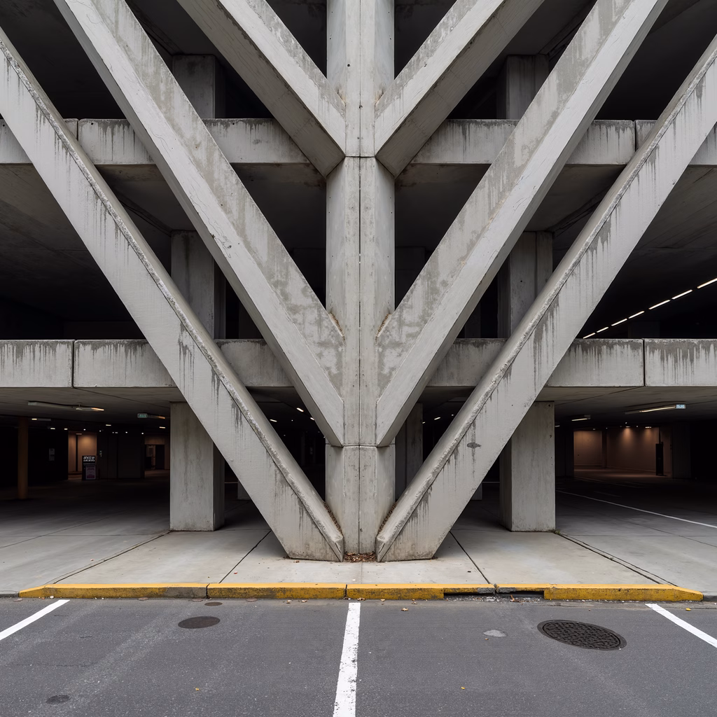 Symmetrical concrete beams create a powerful architectural composition.