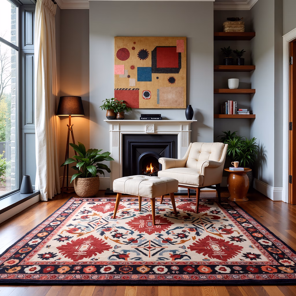 A cozy living room with a warm color scheme and comfortable furniture.