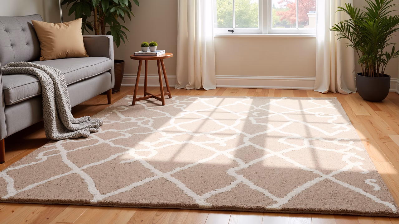 A cozy living room with a gray sofa, beige rug, and natural light streaming in.