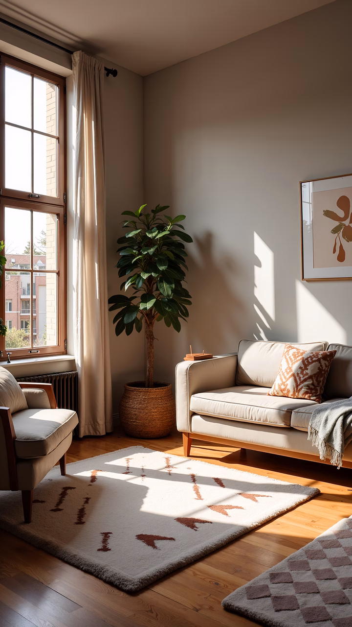 A tranquil living room illuminated by natural light, featuring a beige sofa, wooden floor, and abstract artwork.
