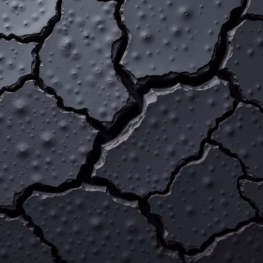 Monochrome illustration of cracked earth with textured details and smooth dotted surfaces.