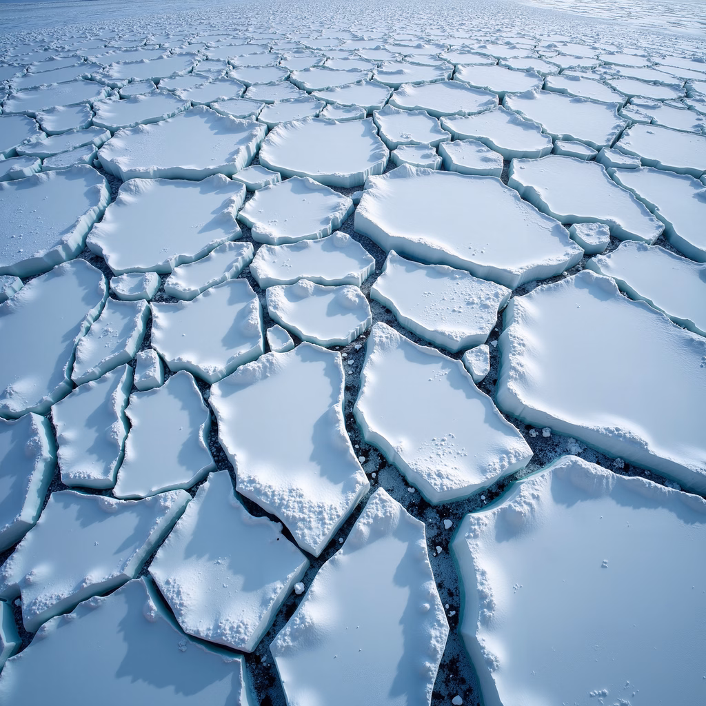 A stunning close-up of cracked ice, reflecting light and creating a serene winter landscape.