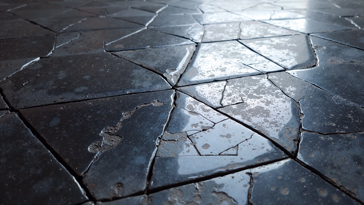 Close-up of cracked tiles with glossy reflections and rugged textures.
