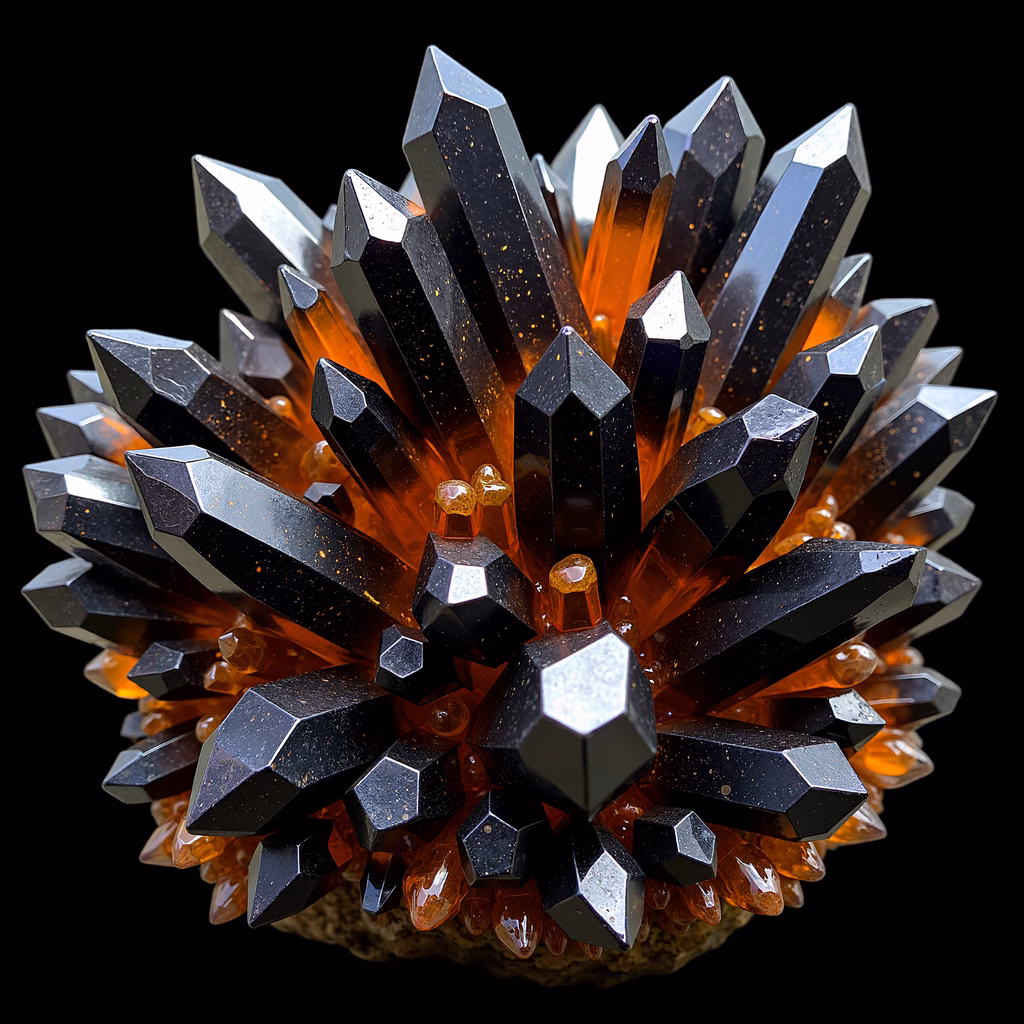 A mesmerizing crystal cluster with a warm glow against a dark backdrop.