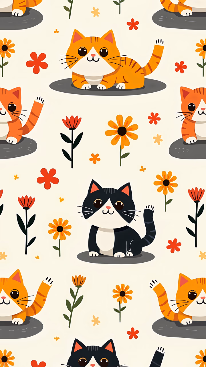 Cute cats and colorful flowers create a joyful and whimsical children's illustration.