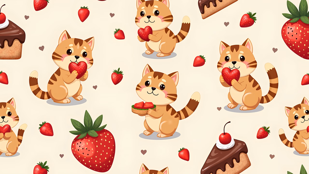 Cute tabby cats holding strawberries in a playful and colorful illustration.
