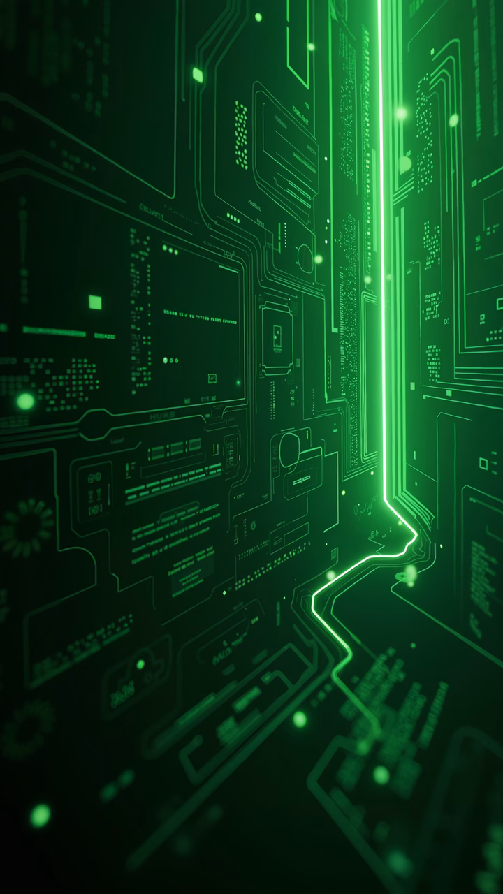 Detailed cybernetic circuit illustration with vibrant green tones.