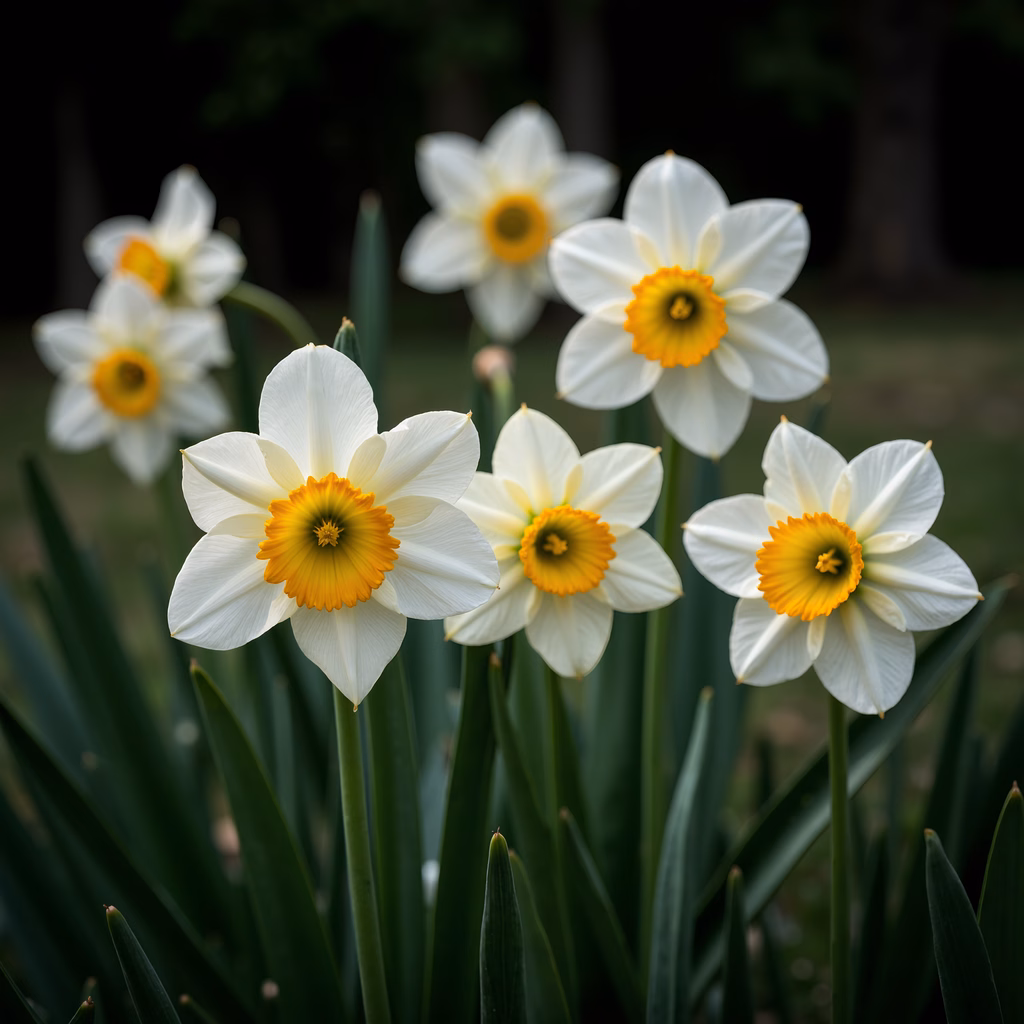 Close-up of daffodils in full bloom, showcasing their delicate beauty and vibrant colors.