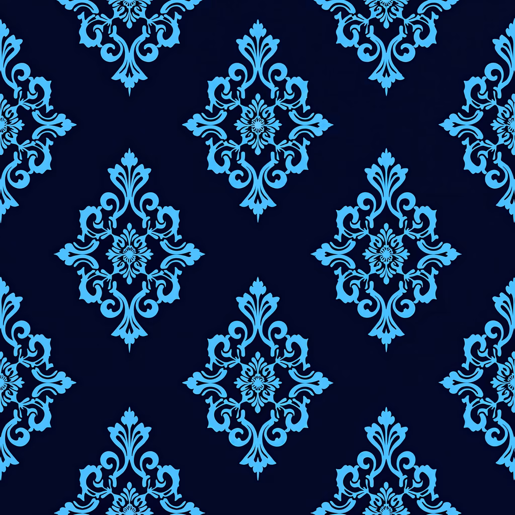 Elegant damask pattern in light blue on navy background