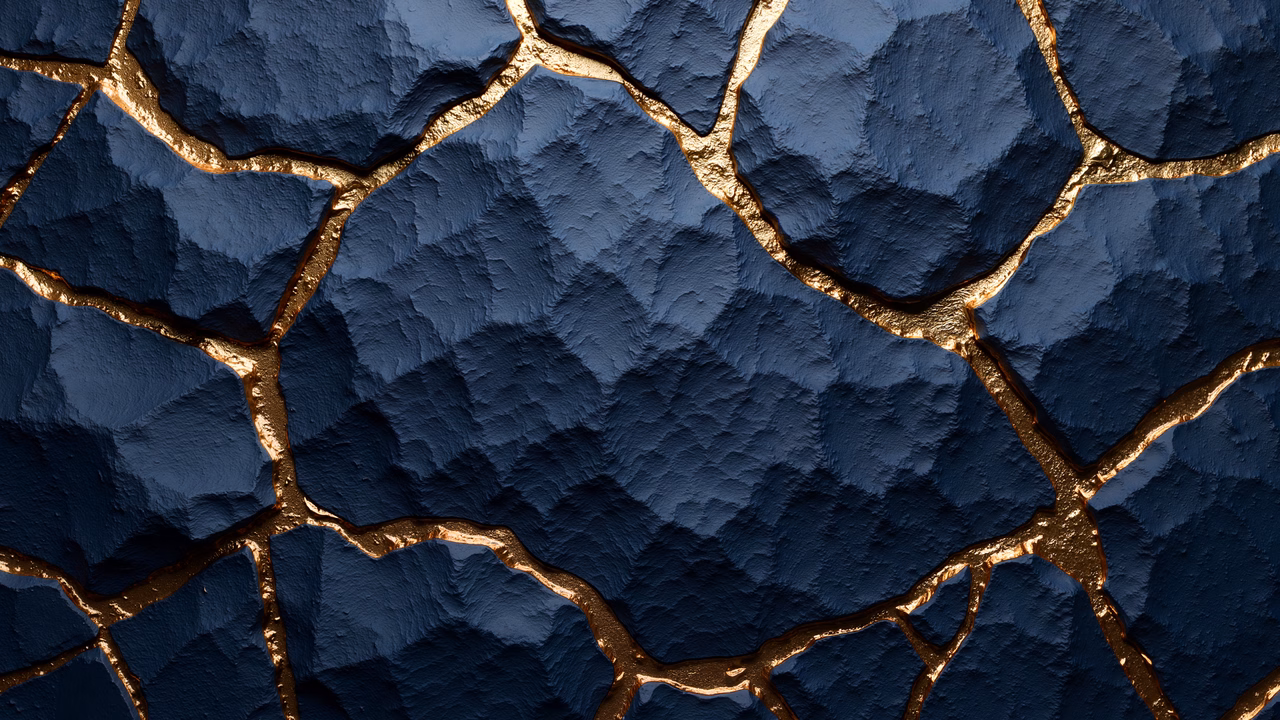 Dark, textured, cracked surface with golden accents, abstract art.