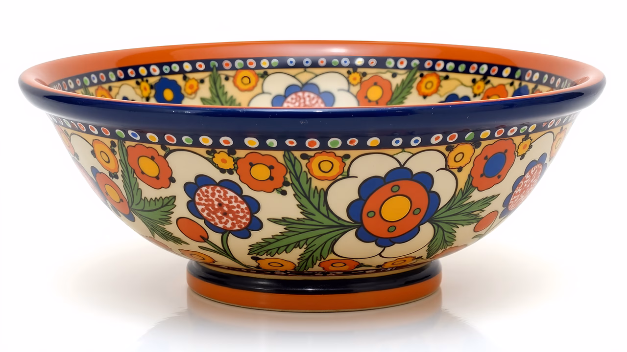 Vibrant decorative bowl with floral patterns in bright colors.