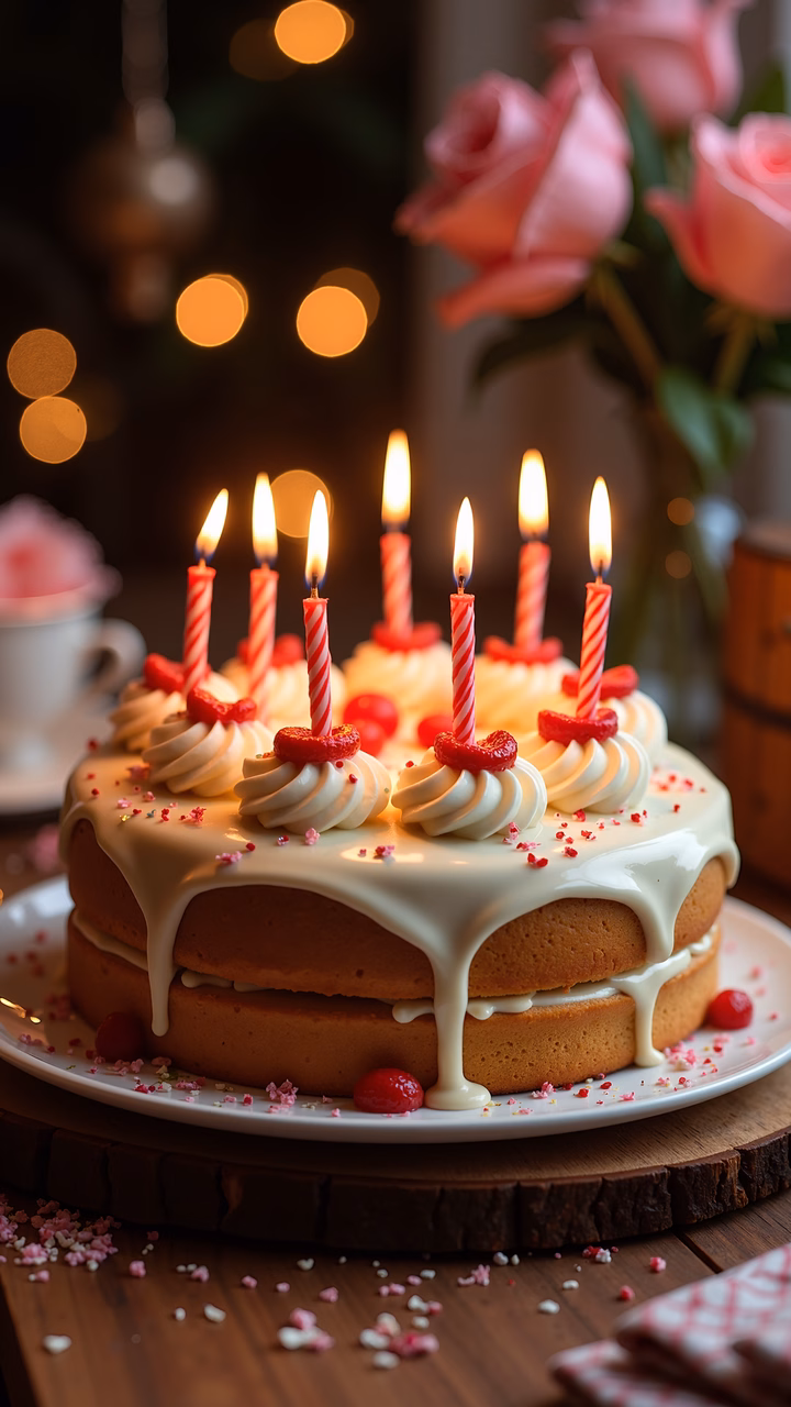 A festive birthday cake with white frosting and red candles, set against warm lights.