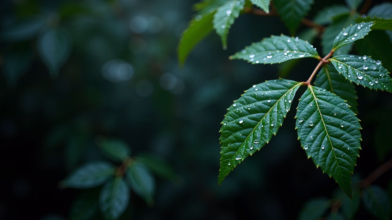 Close-up of dew-covered leaves, vibrant green, serene nature photography.