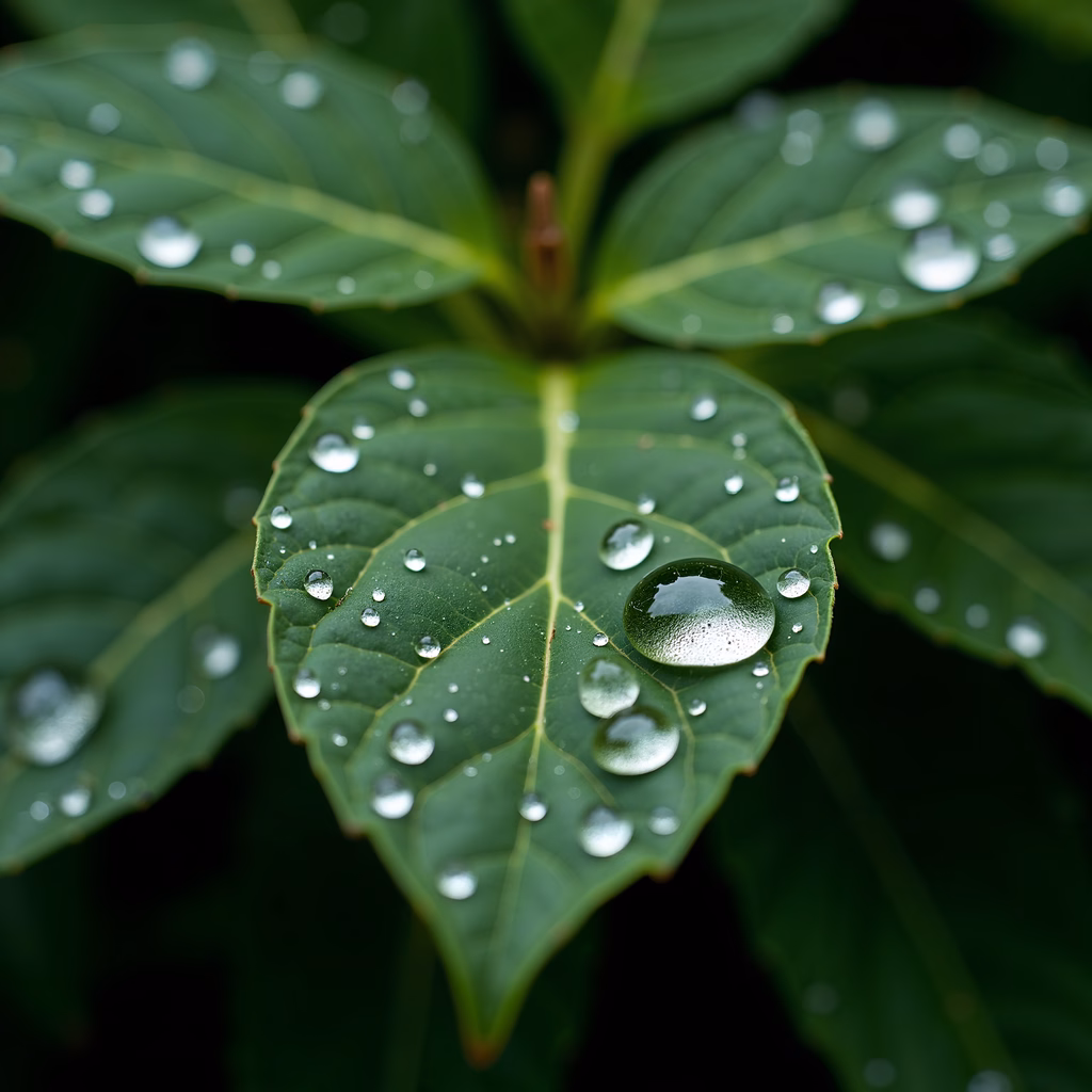 Close-up of dew-covered green leaves, showcasing nature's beauty and tranquility.
