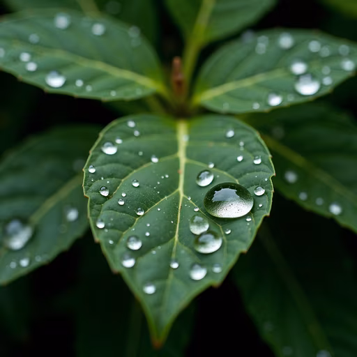 Dew Drops on Green Leaves