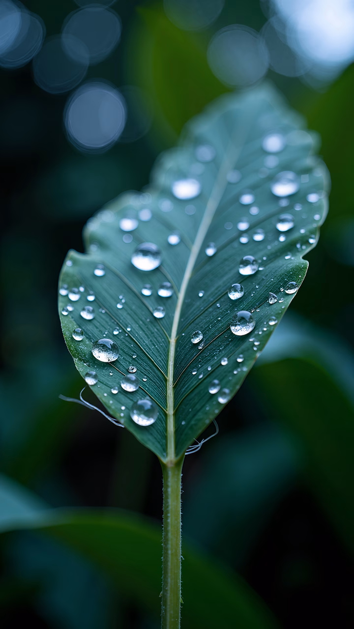 Close-up of dew-covered leaf, vibrant greens, serene nature