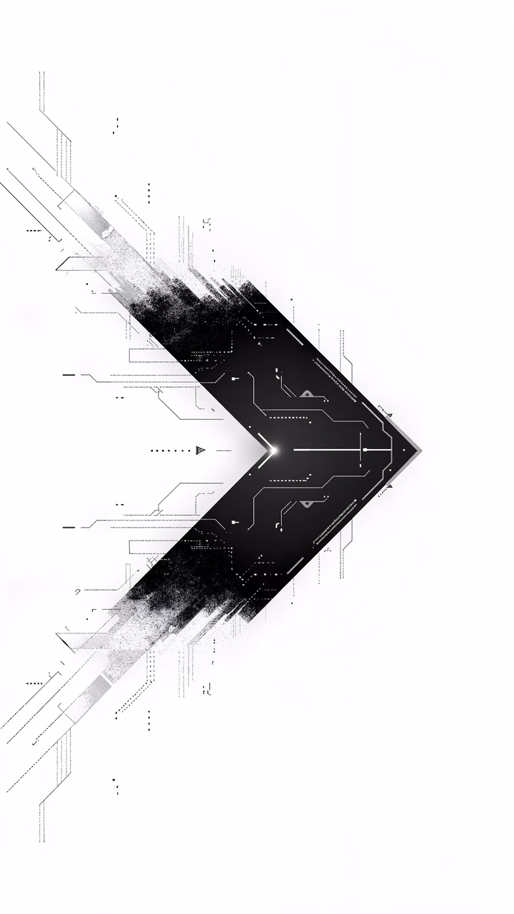 Intricate circuitry forming a sleek black arrow on a white background.