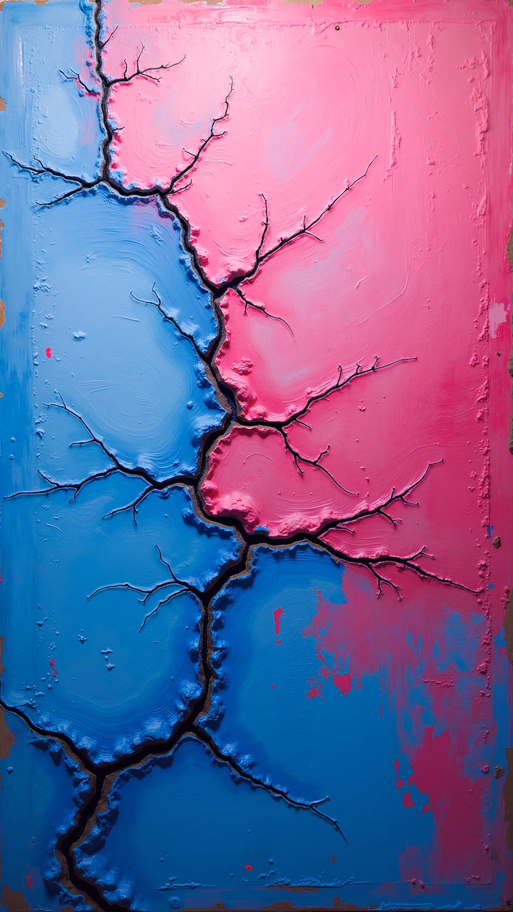 Abstract painting depicting emotional dichotomy through contrasting colors and textured branches.