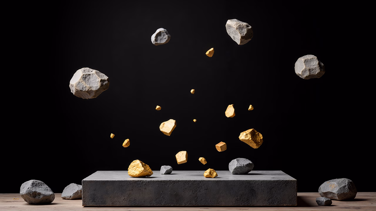 Dynamic rocks and gold suspended mid-air, dramatic lighting, artistic photography.