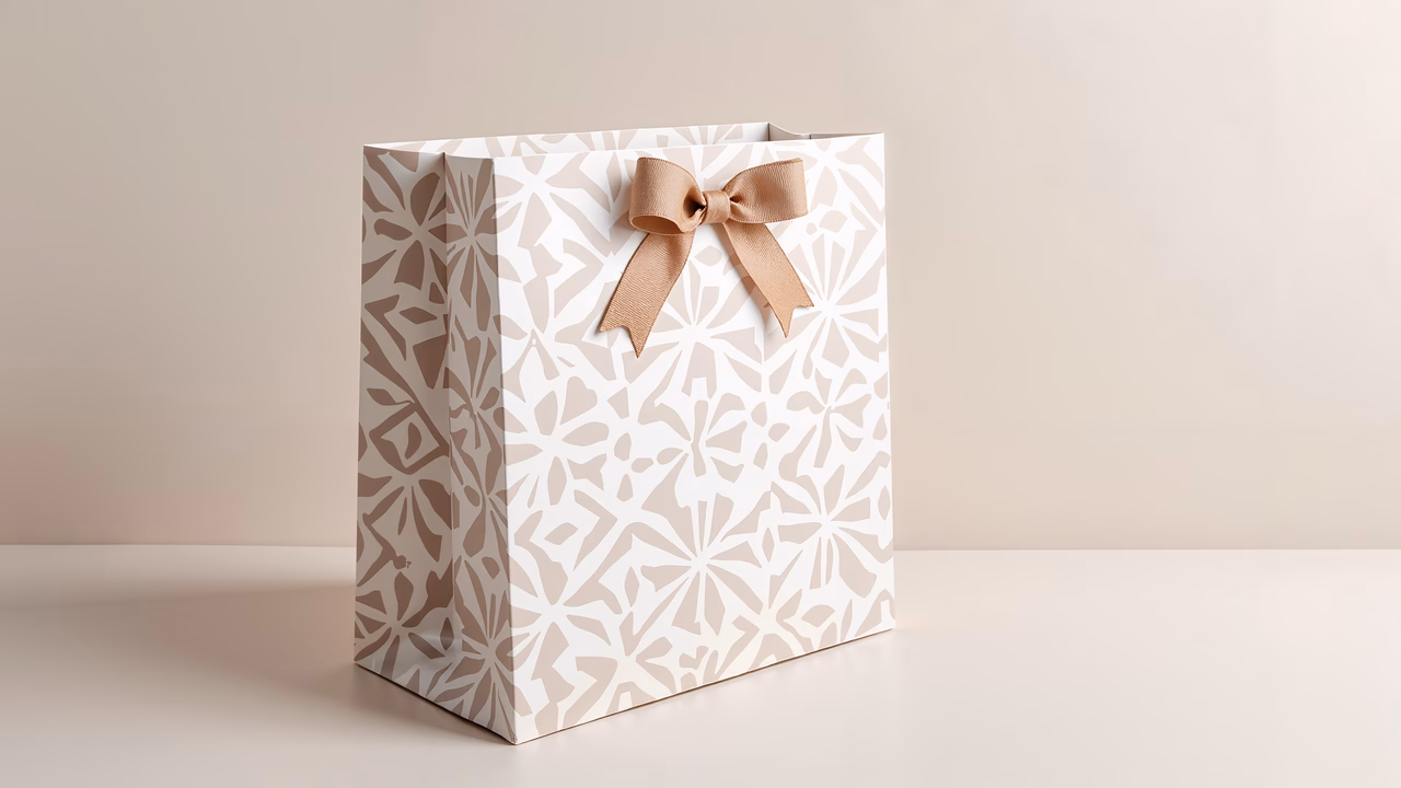 Elegant gift bag with geometric pattern and bow, perfect for special occasions.