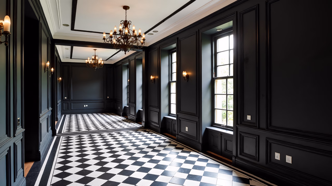 Dark panelled hallway with checkered floor and classic chandelier, elegant interior design.