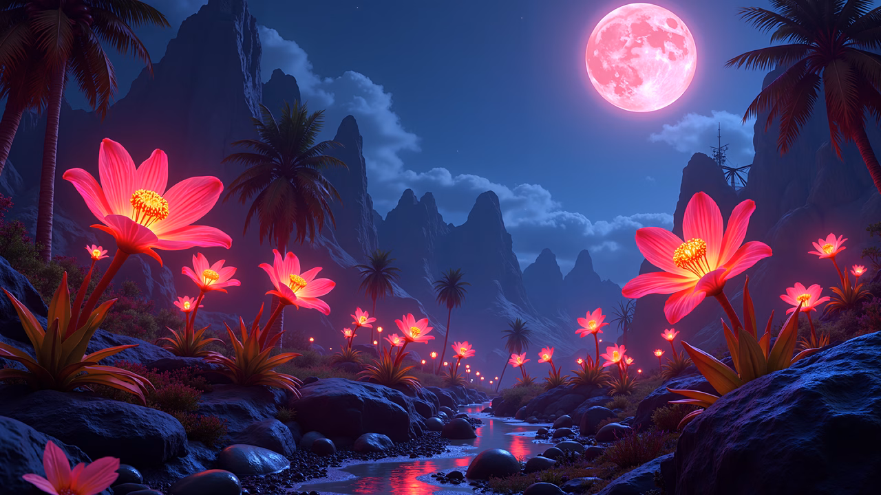Glowing flowers and a full moon create a magical night scene.