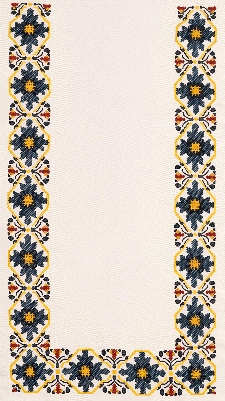Detailed ethnic embroidery border with intricate geometric and floral motifs in navy, yellow, and red on beige.