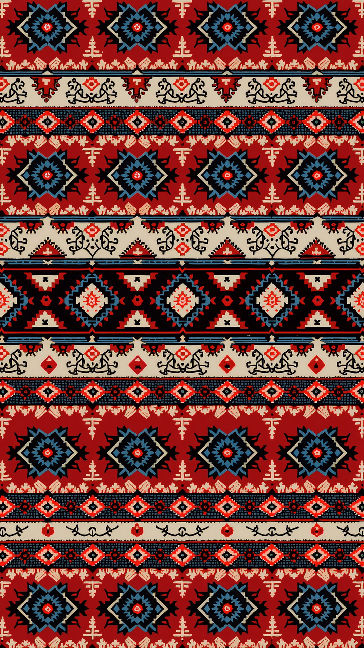 Vibrant ethnic pattern with bold colors and intricate designs.