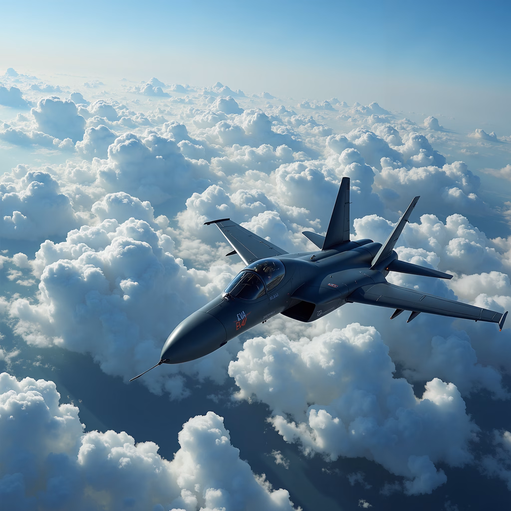 Sleek F-18 jet flying above clouds, military aviation, high-tech design