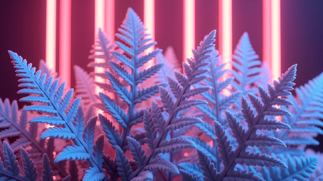 Ferns illuminated by neon lights in a futuristic setting.