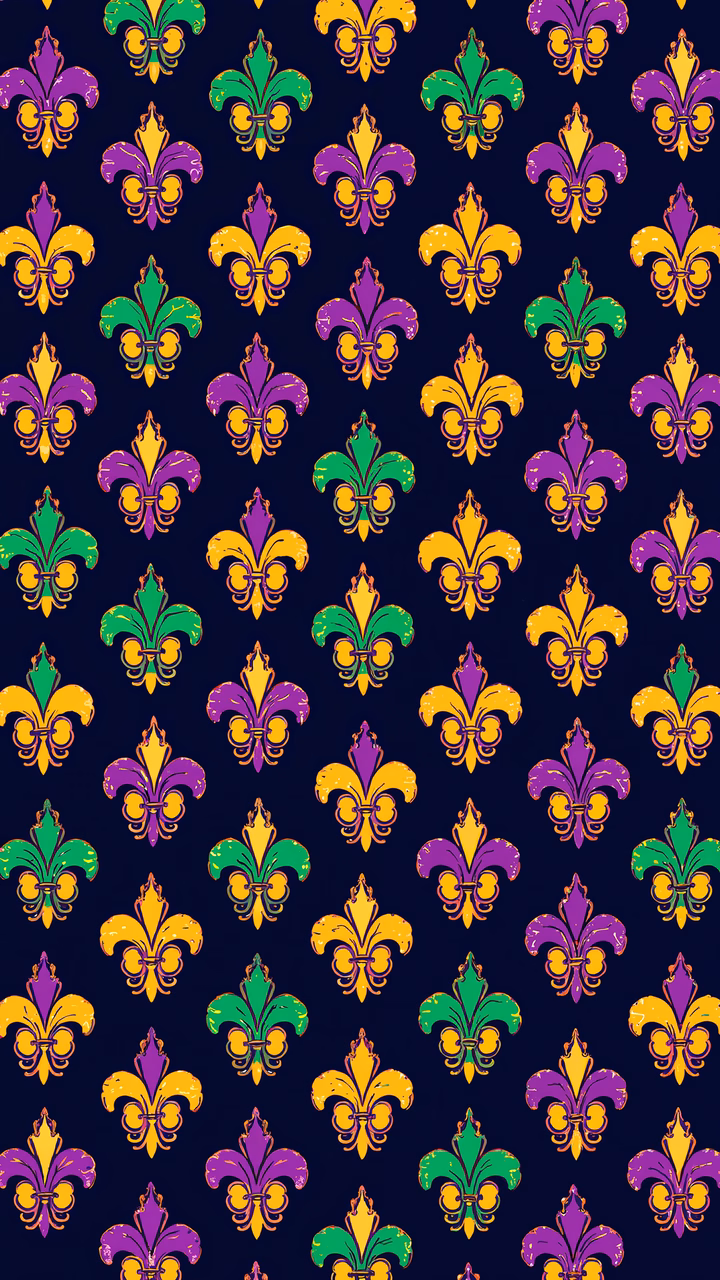 Vibrant Fleur-de-Lis pattern in purple and green on navy blue background.