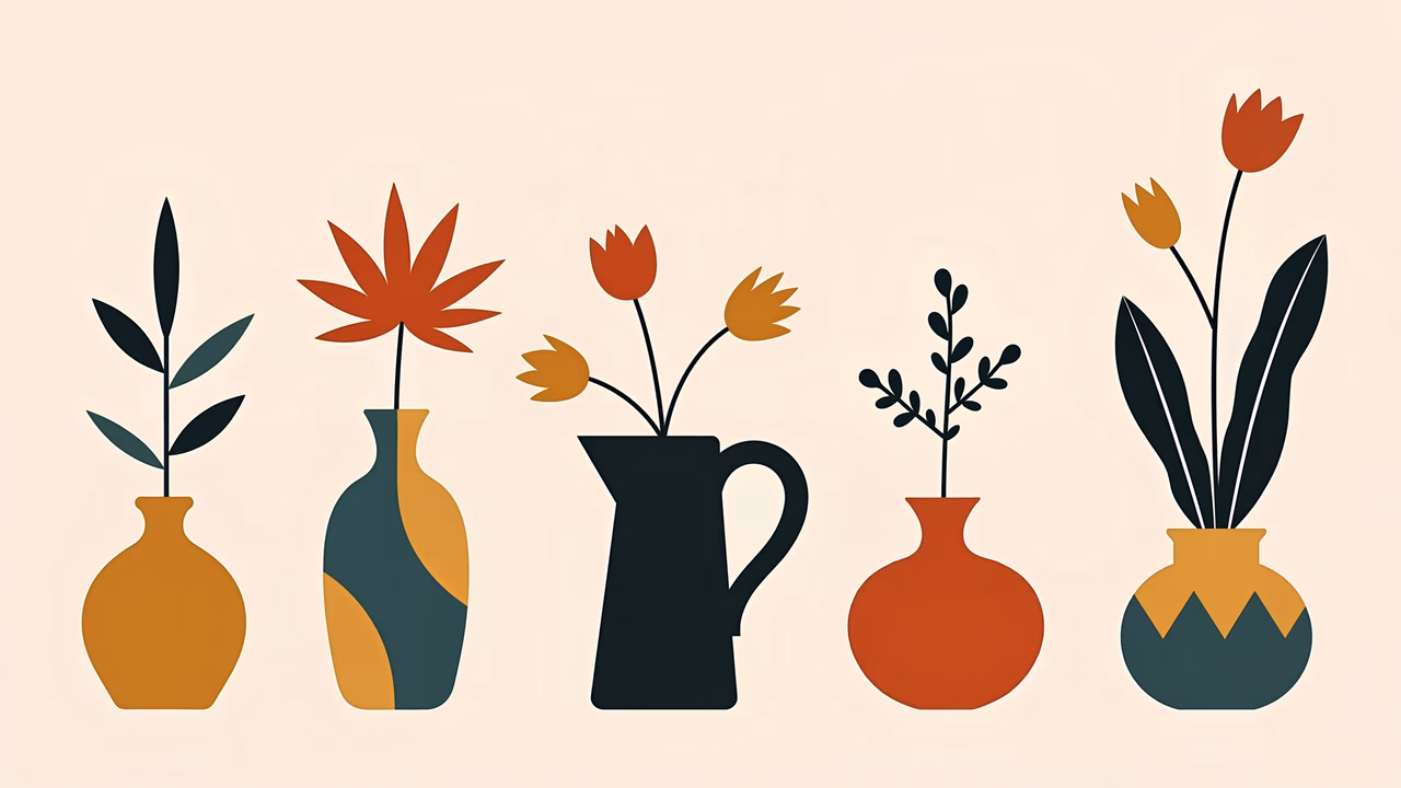 Minimalist floral arrangements in bold, flat colors.