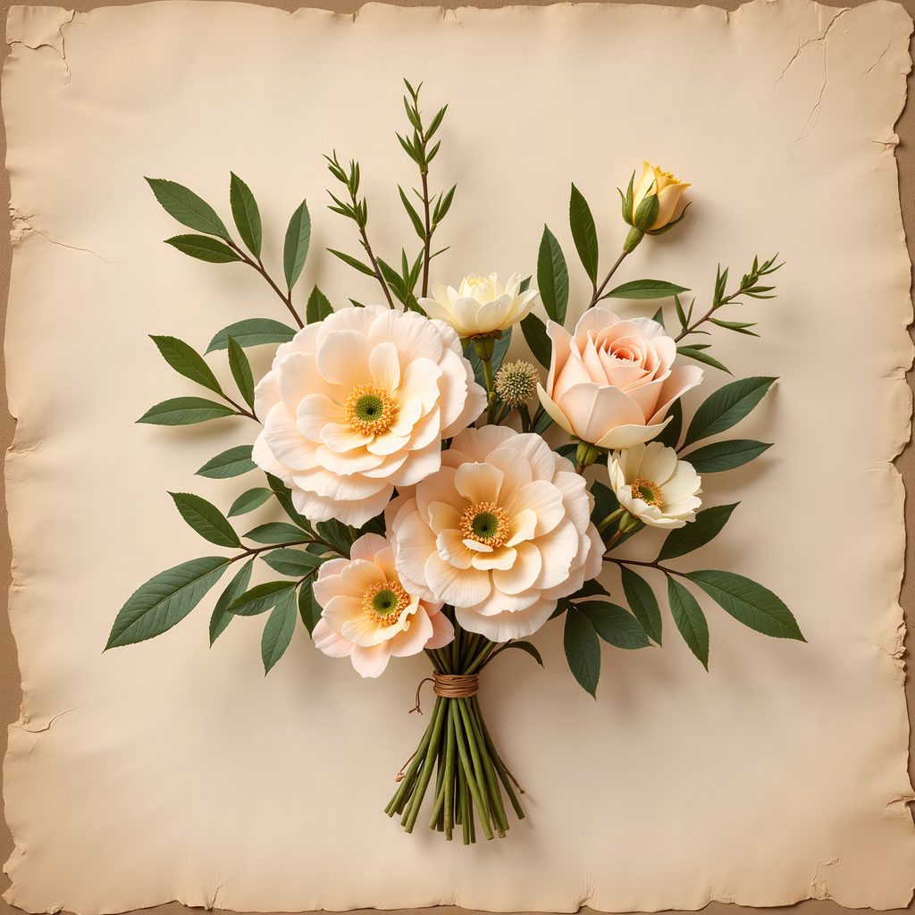 A charming floral arrangement in soft pastels on a textured beige background.