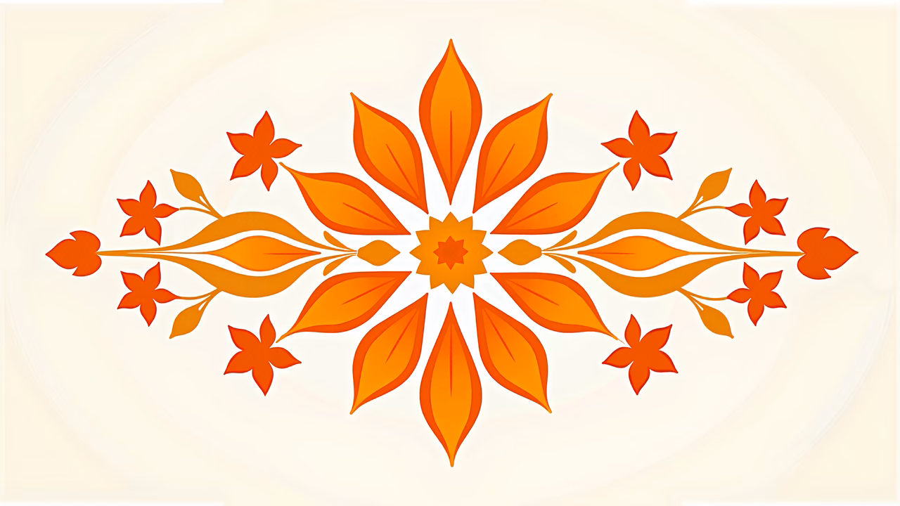 Symmetrical floral burst in warm oranges and yellows, creating a joyful and energetic vibe.